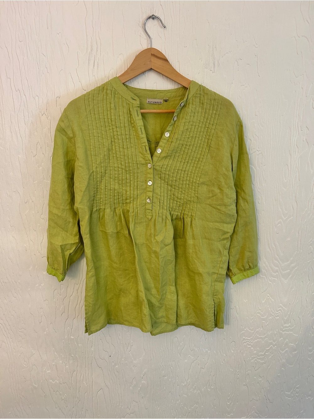 PUTUMAYO 100% Linen Pintuck Pullover Blouse LG GreenBoho Summer Casual Lagenlook